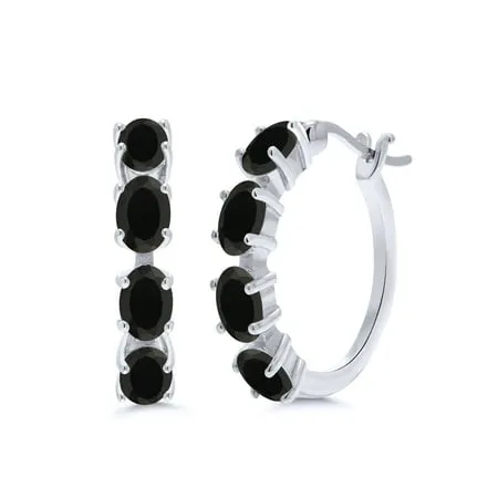 Gem Stone King 925 Sterling Silver Black Onyx Hoop Earrings For Women (3.12 Cttw Gemstone Birthstone Oval 6X4MM)