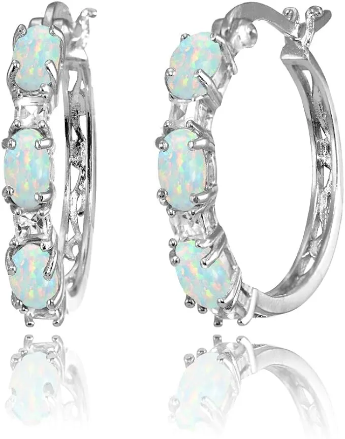 Sterling Silver Oval Created White Opal & Princess-Cut White Topaz Filigree Hoop Earrings