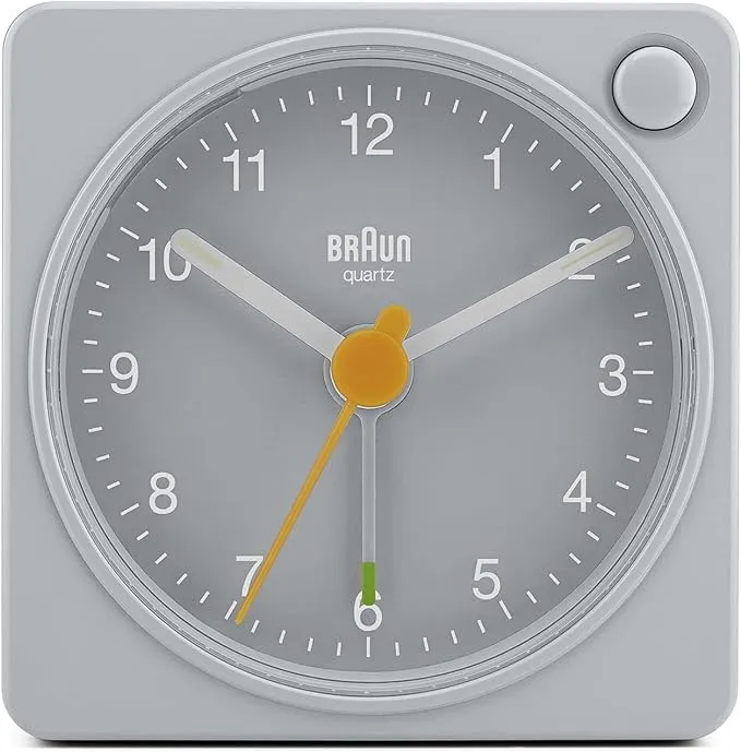 Braun Classic Travel Analogue Alarm Clock with Snooze and Light, Compact Size, Quiet Quartz Movement, Crescendo Beep Alarm in Grey, Model BC02XG