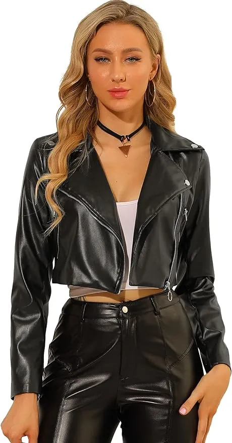 Allegra K Women's Faux Leather Long Sleeve Zipper Up Moto Cropped Jacket