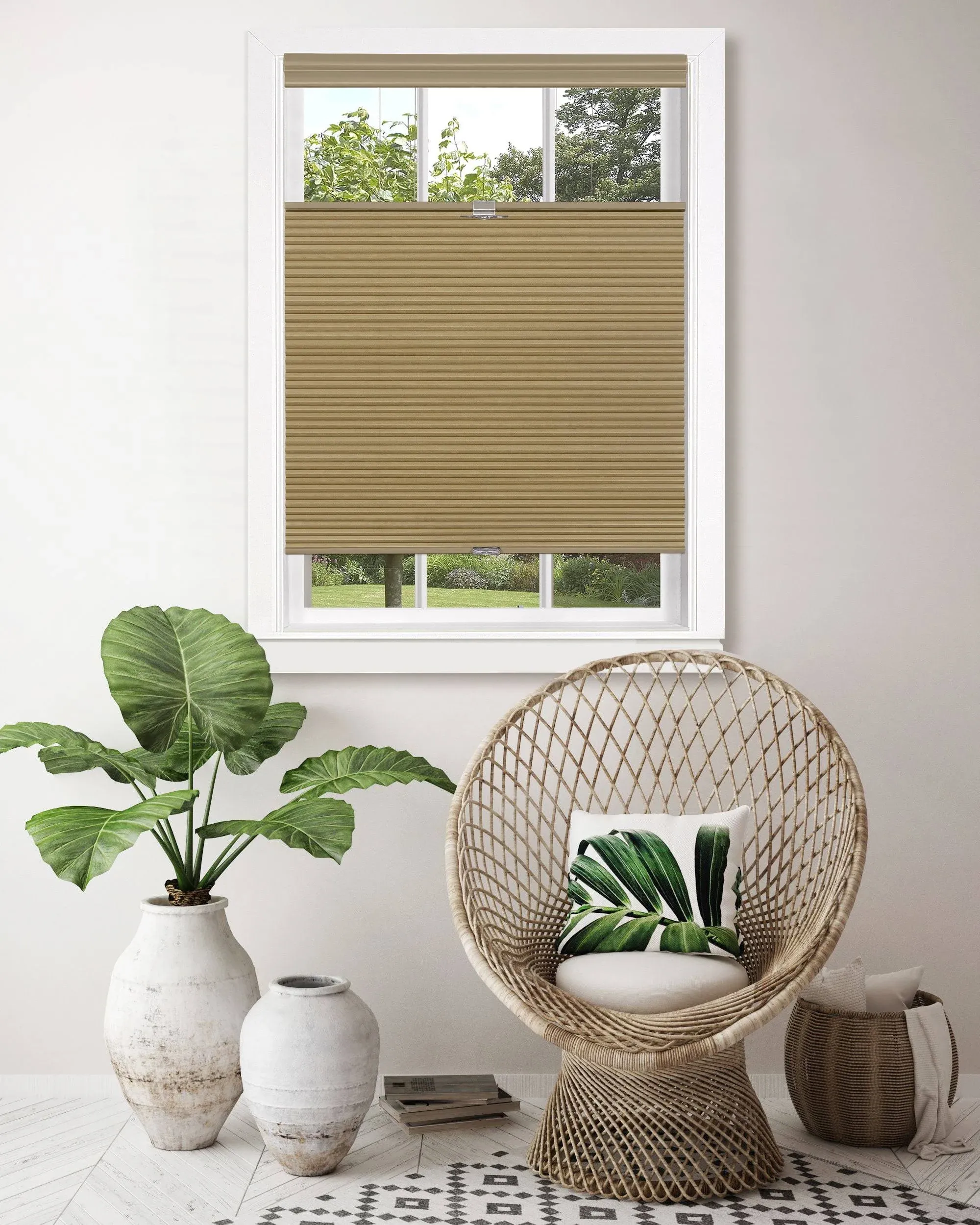 Cordless Cellular Pleated Window Shades - 35 Inch Width, 64 Inch Length - Wheat - Light Filtering Top-Down Honeycomb Pull Down Blinds for Windows and Skylights by Achim Home Decor