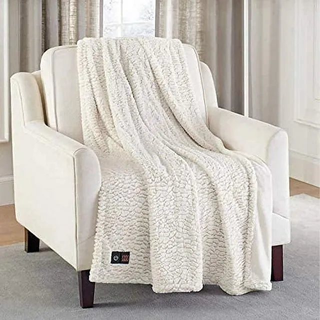 Brookstone Ultra Soft Plush Electric Heated Throw 4-Heat Settings Built-In Remote ...