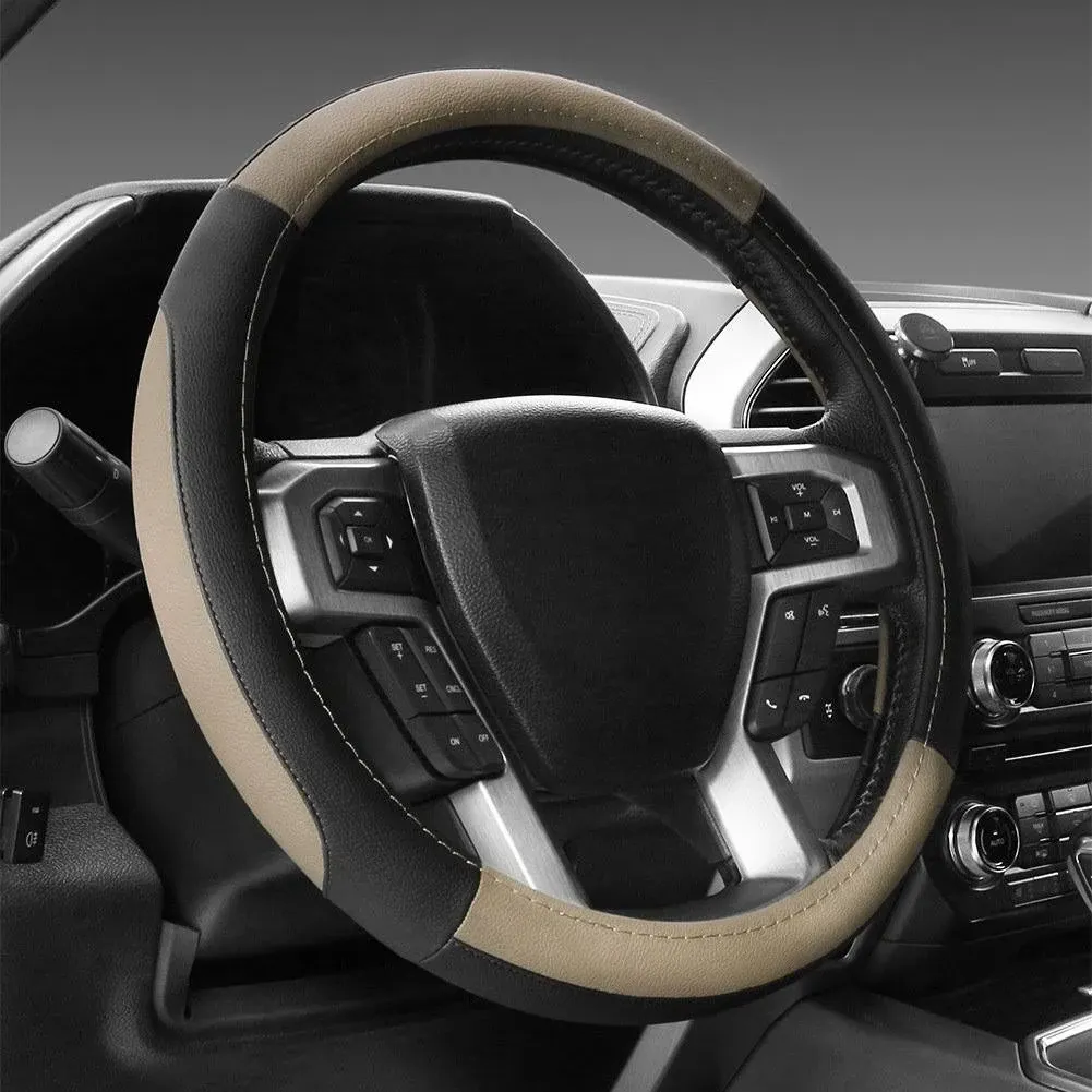 SEG Direct Black and Beige Leather Steering Wheel Cover F-150 Tundra Range Rover