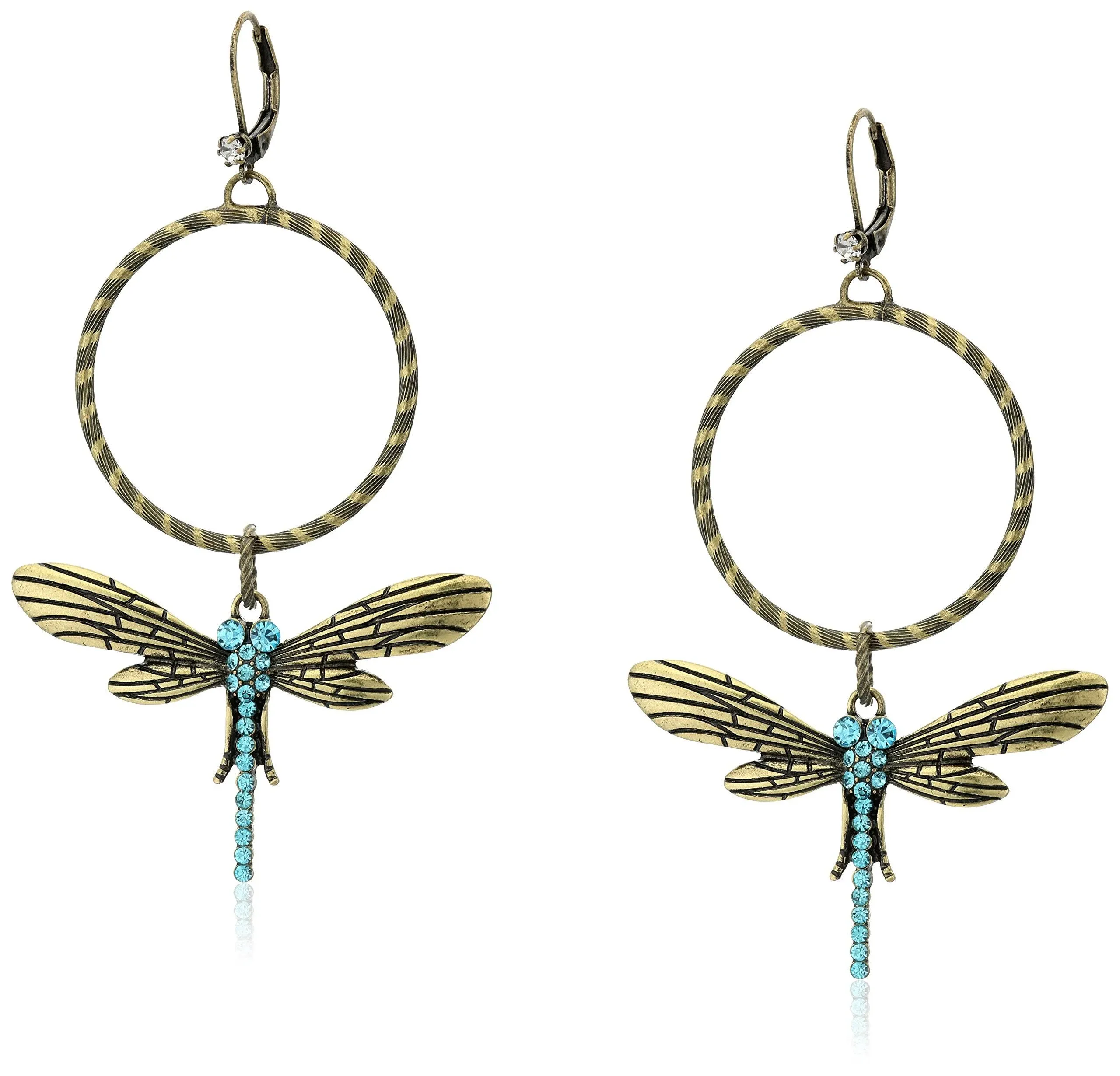 Betsey Johnson Extra Large Gold-Tone Blue Crystal Dragonfly Gypsy Hoop Earrings - Gold