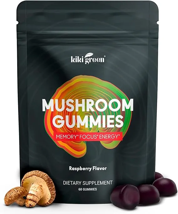 KIKI Green Mushroom Gummies with Lion's Mane & 9 Adaptogen Mushrooms Blend - Chaga Red Reishi Cordyceps Shiitake Black Fungus | 60 Gummies, 10:1 Extract