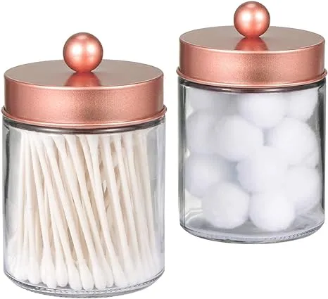 Apothecary Jars Bathroom Countertop Storage Organizer Canister - Cute Qtip Dispenser Holder Glass with Lid- for Cotton Swabs,Bath Salts,Hair Band / 2-Pack(Gold)