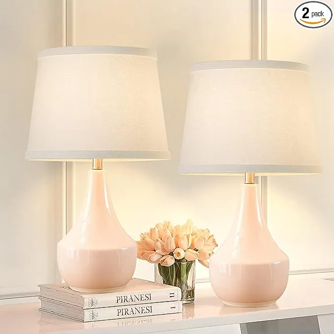 GyroVu Table Lamp Set of 2, 18.63” Ceramic Table Lamp Classic Beside Lamps Nightstand Lamp Modern Table Lamp for Living Room, Bedroom & Office Rocker Swtich Pink-LED