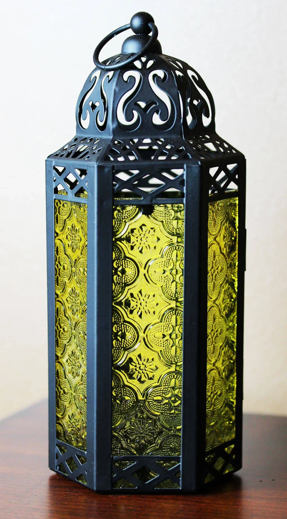 VELA LANTERNS Moroccan Candle Lantern Decorative Candle Holder Lamp for Table or Hanging, Ramadan Decorations, Indoor Home Decor, Outdoor Patio or Porch, Weddings, Black Metal, Yellow Glass, Medium