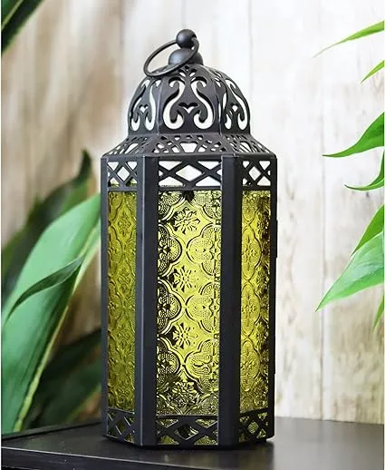 VELA LANTERNS Moroccan Candle Lantern Decorative Candle Holder Lamp for Table or Hanging, Ramadan Decorations, Indoor Home Decor, Outdoor Patio or Porch, Weddings, Black Metal, Yellow Glass, Medium