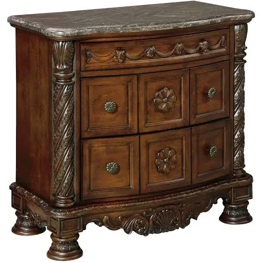 Signature Design by Ashley North Shore Ornate 3 Drawer Nightstand with Marble Inlay Top, Dark Brown