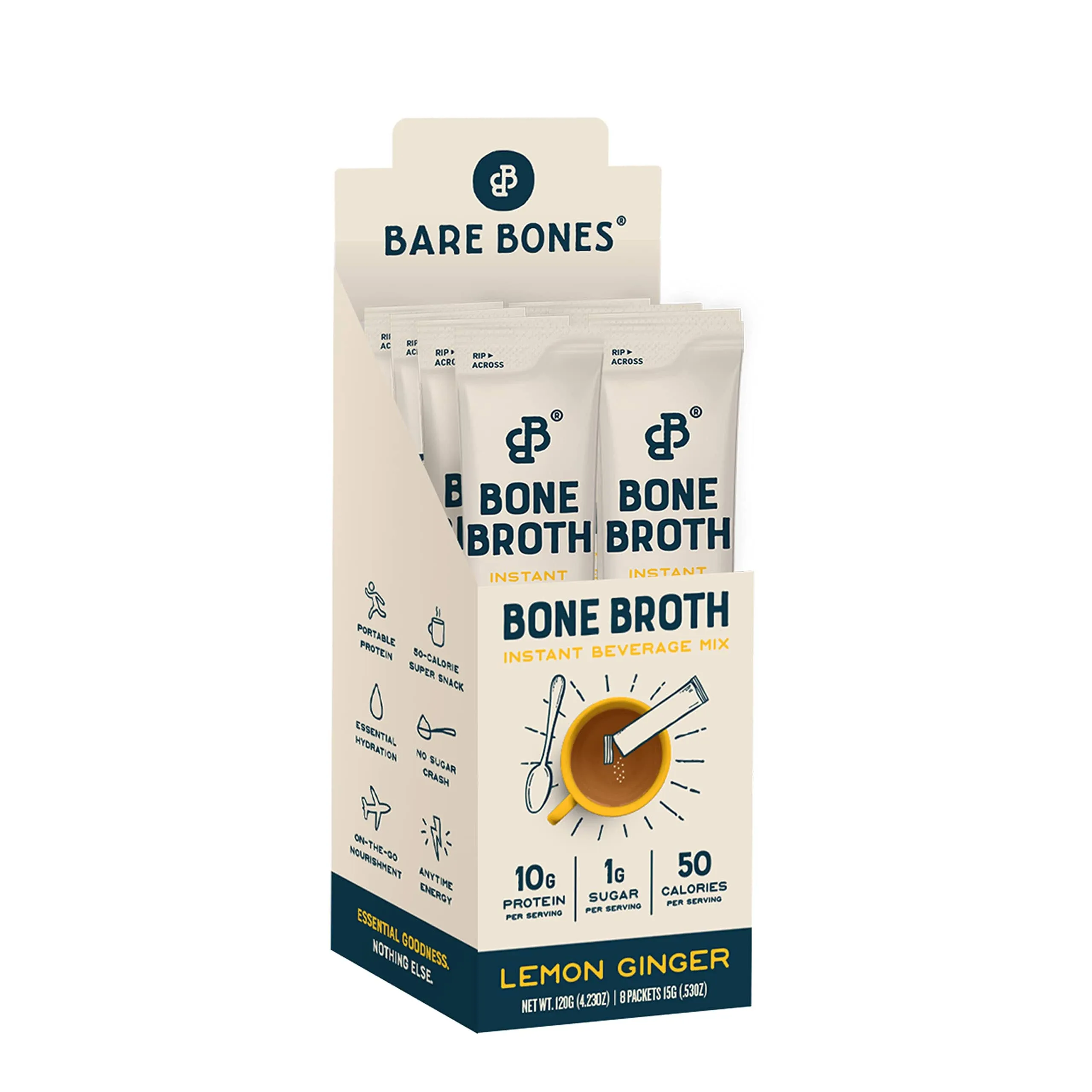 Bare Bones Bone Broth Instant Powdered Beverage Mix Ramen Pack of 8 15g Sticks 10g Protein Keto Paleo Friendly Nongmo