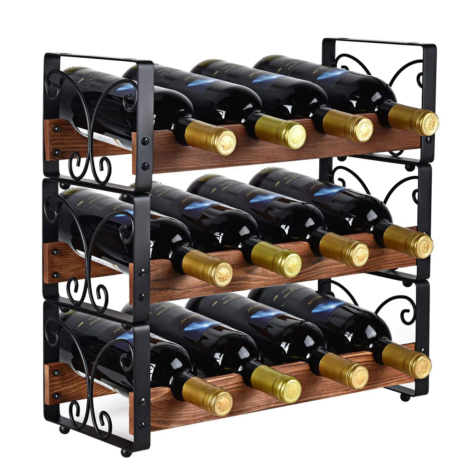 X-cosrack 3 Tier Wine Rack for 12 Bottles, Stackable Wine Organizer, Freestanding Wine Bottle Holder for Kitchen Counter or Bar, Durable Wooden & Iron Display Shelf with Patent Design