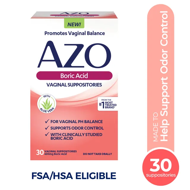 AZO Boric Acid Vaginal Suppositories, Supports Odor Control and Balance Vaginal PH with Boric Acid, Non-GMO, 30 Count