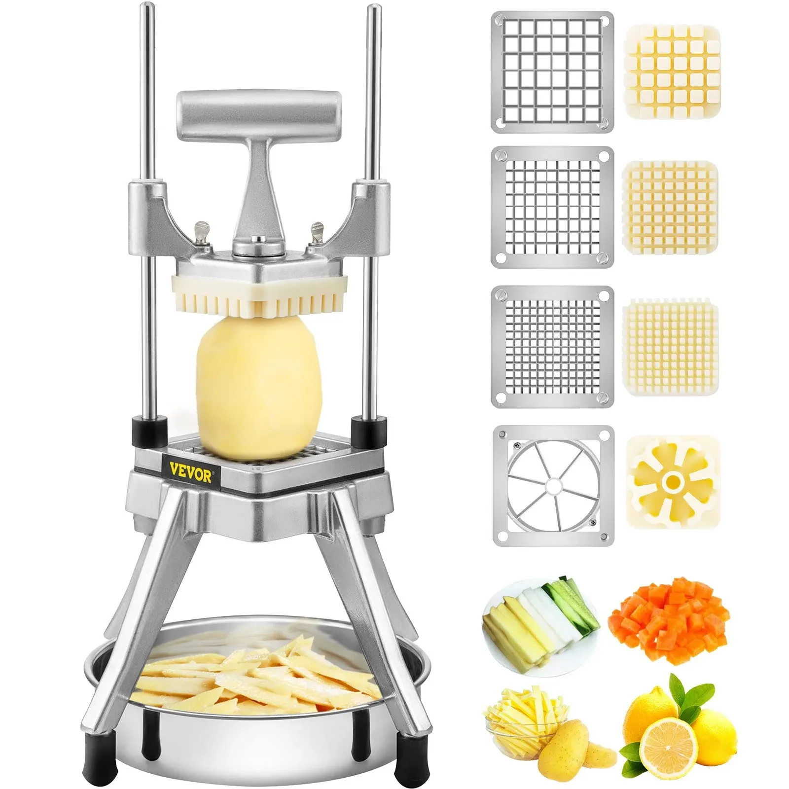 Commercial Vegetable Chopper, Stainless Steel French Fry Cutter Heavy Duty Potato Dicer Fruit Slicer Veggie Chopper for Onion,Carrots,Tomato,Mushroom (1/2"+3/8"+1/4" Chopper)