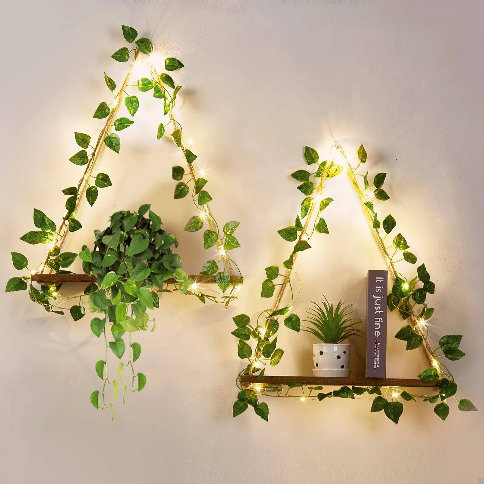 LUNKOEN Ivy Lighting Organize String Wooden Hanging Shelves Braided RopeSet o...