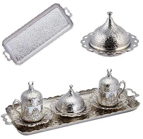 Alisveristime Ottoman Turkish Greek Arabic Espresso Coffee Cups with Saucer and Lid (Set of 2) (Hilal) (Silver)