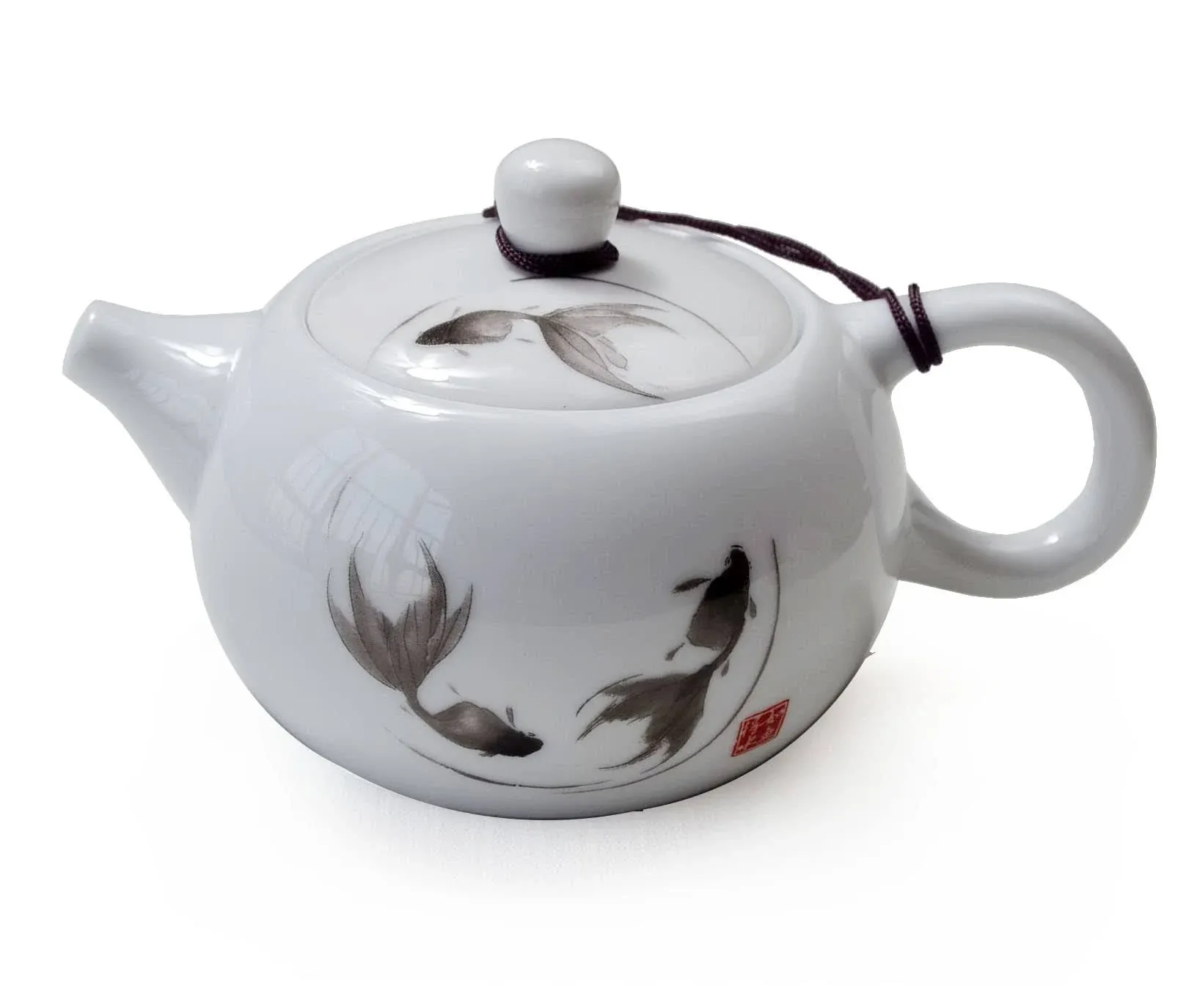 Porcelain Teapot, 6oz Small Tea Pot White Chinese Fengshui Gongfu Tea Set (Fish)