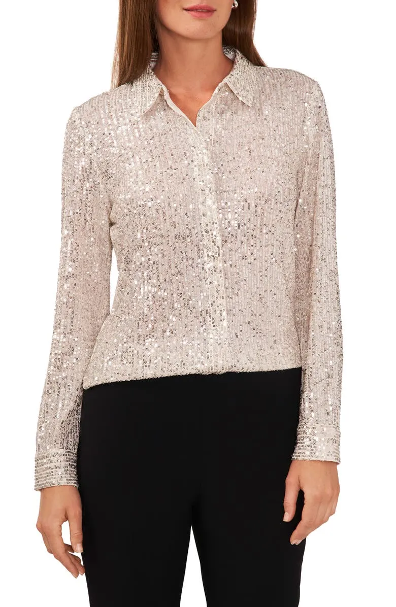 Long-Sleeve Sequin Button-Up Shirt