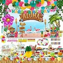 149 Pcs Luau Party Decorations, Hawaiian Beach Birthday Party, Tropical Aloha Party Supplies, Summer Beach Decor with Banner, Table Skirt, Table Covers, Flamingo, Pineapple, etc