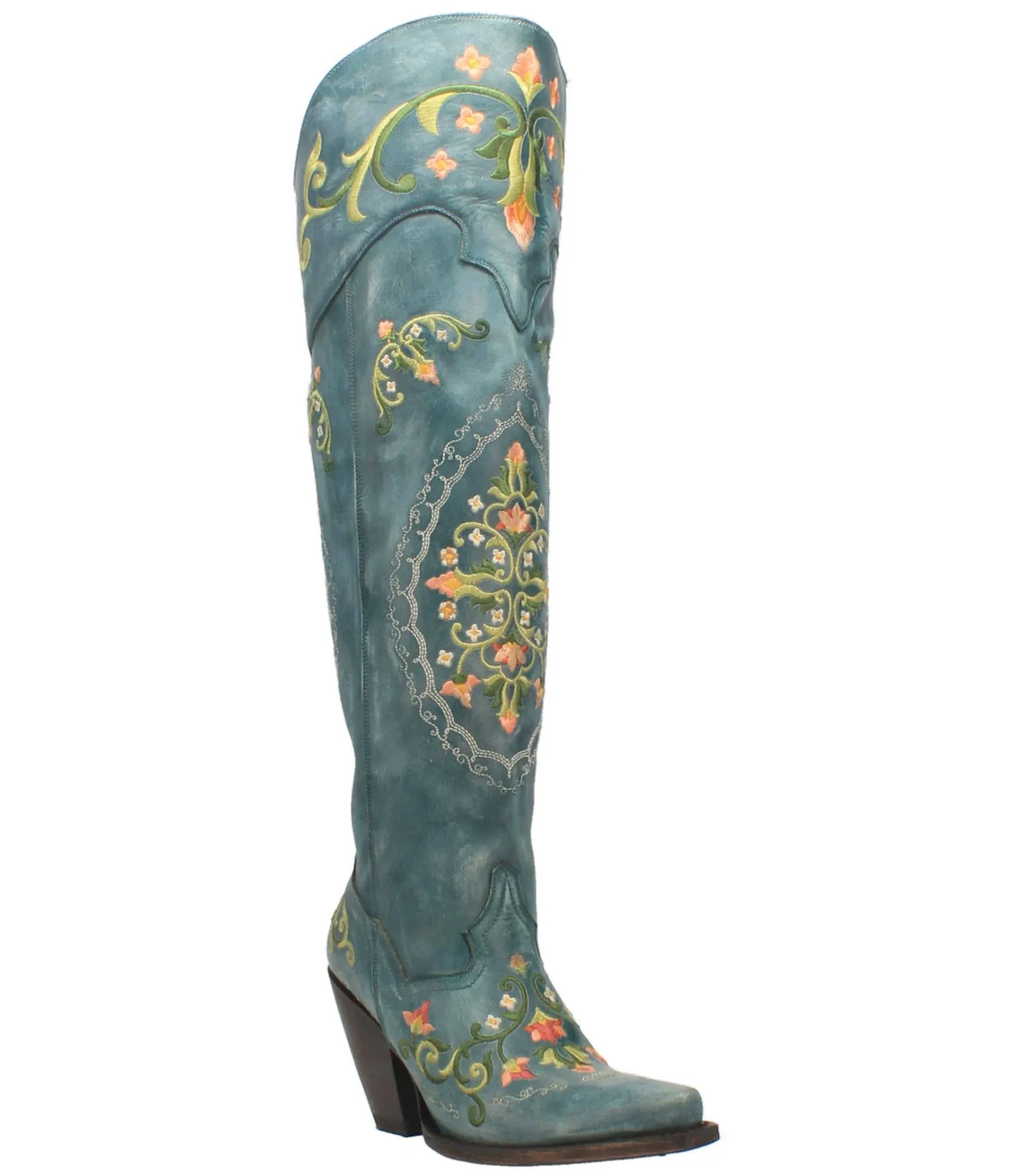 Dan Post Womens Flower Child Snip Toe Dress Boots Over the Knee High Heel 3" & Up - Blue