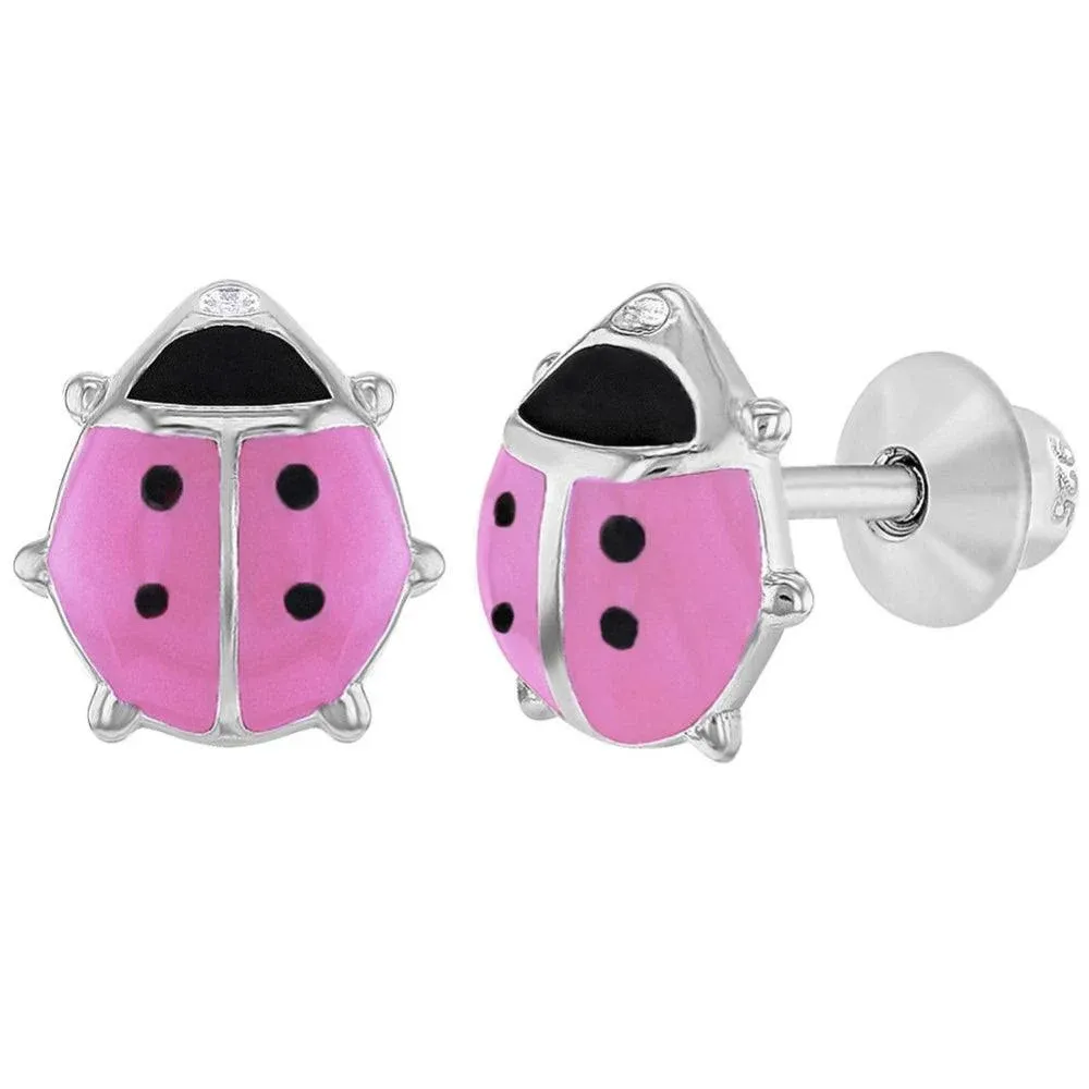 Girls' Adorable Enamel Ladybug Screw Back Sterling Silver Earrings - Pink - in ...