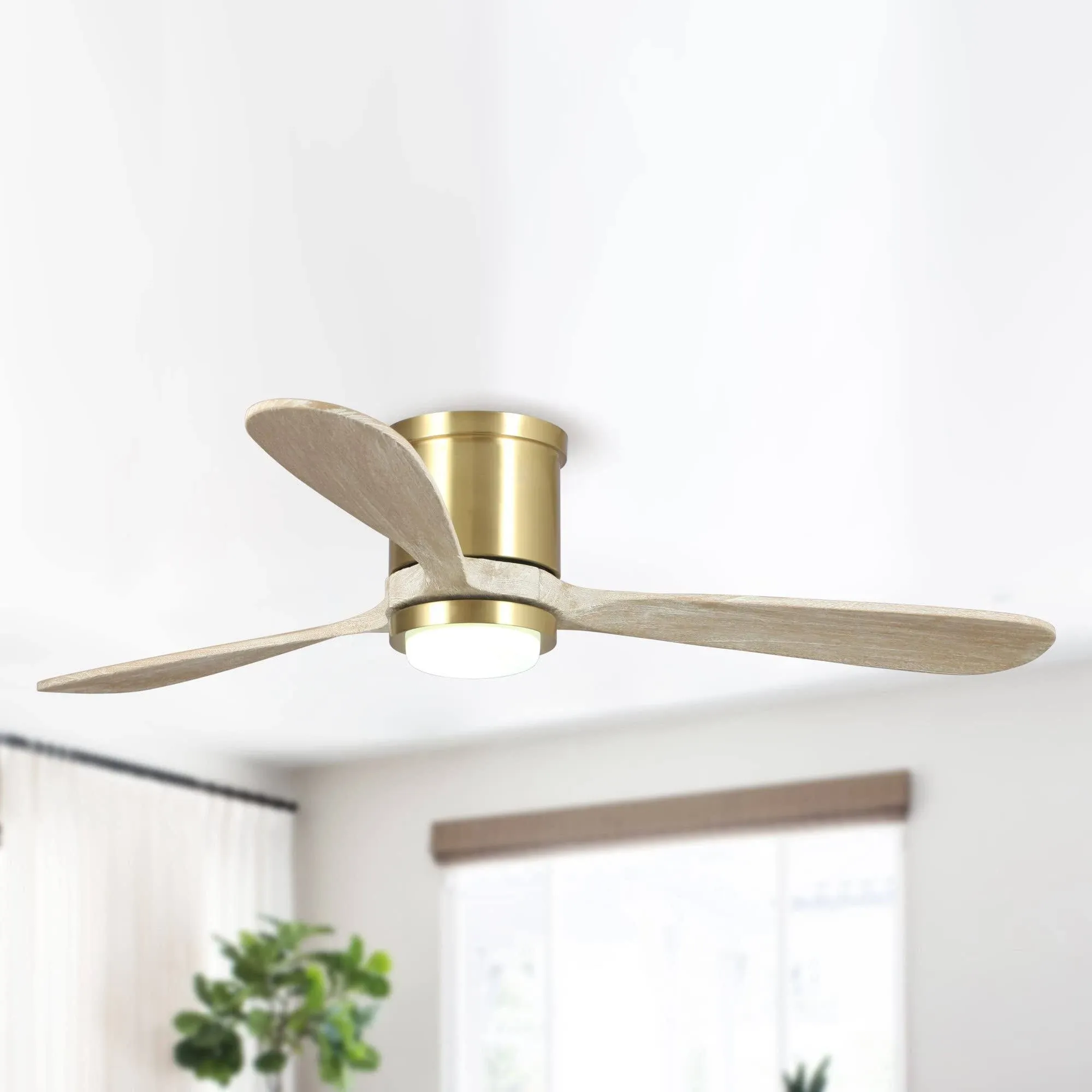 Parrot Uncle Ceiling Fans with Lights 52 Inch Low Profile Ceiling Fan with Light Flush Mounted for Bedroom, Reversible Motor, Timer, Gold