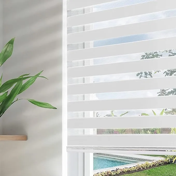 Joydeco Cordless Zebra Blinds for Windows, Dual Layer Free-Stop Zebra Shades Privacy Light Control for Day and Night, Light Filtering Sheer Blinds for Indoor Windows (Off-White, 28" W x 75" H)