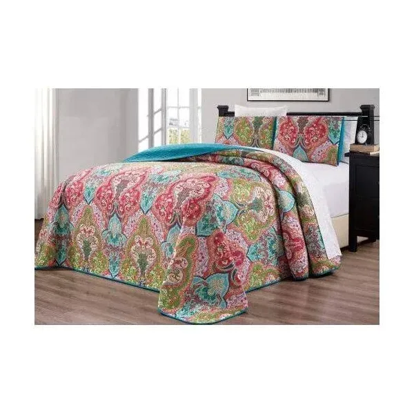 Grand Linen - 3-Piece Oversize (100 X 95) Fine Printed Prewashed Boho Decor Quilt Set Reversible Bedspread Coverlet Full/Queen Size Bed Cover (Turquoise Blue, Sage Green, Orange, Terra Cotta Red)