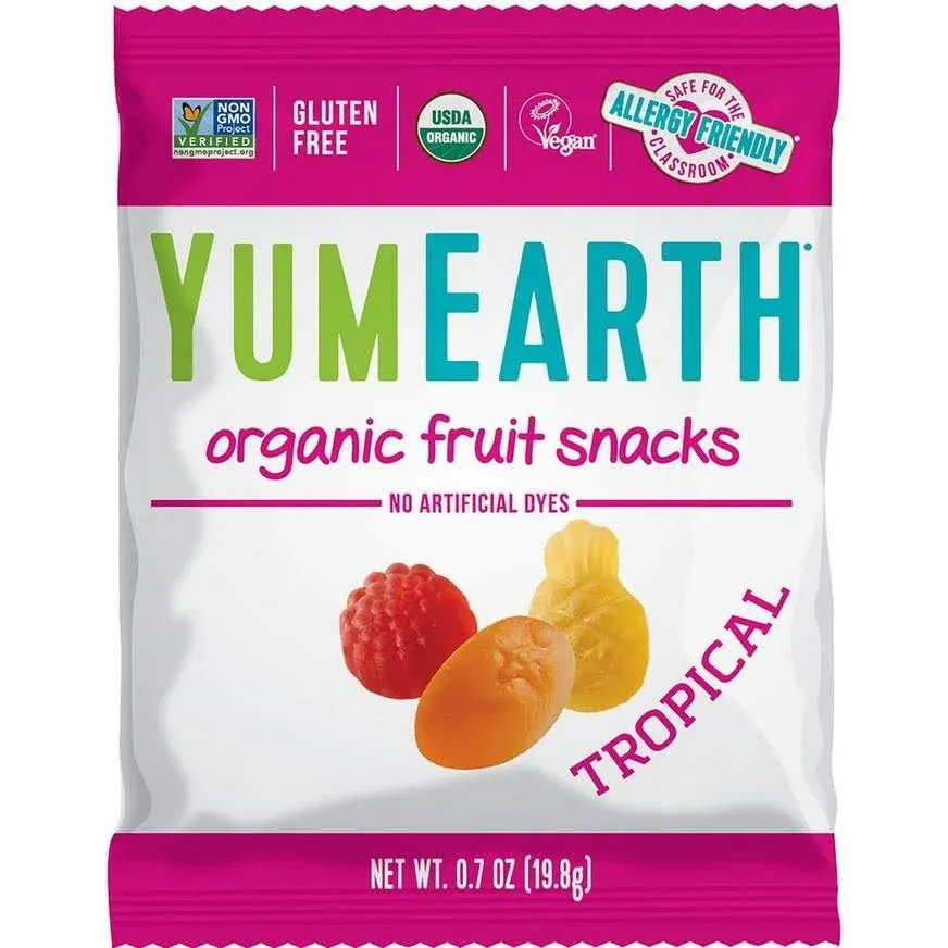 YumEarth Organic Tropical Fruit Snacks - Fruit Gummies Snack Packs, Gluten Free Snacks for Kids - Allergy Friendly, Non-GMO, Vegan, No Artificial Flavors or Dyes - 0.7 oz. (Pack of 35)