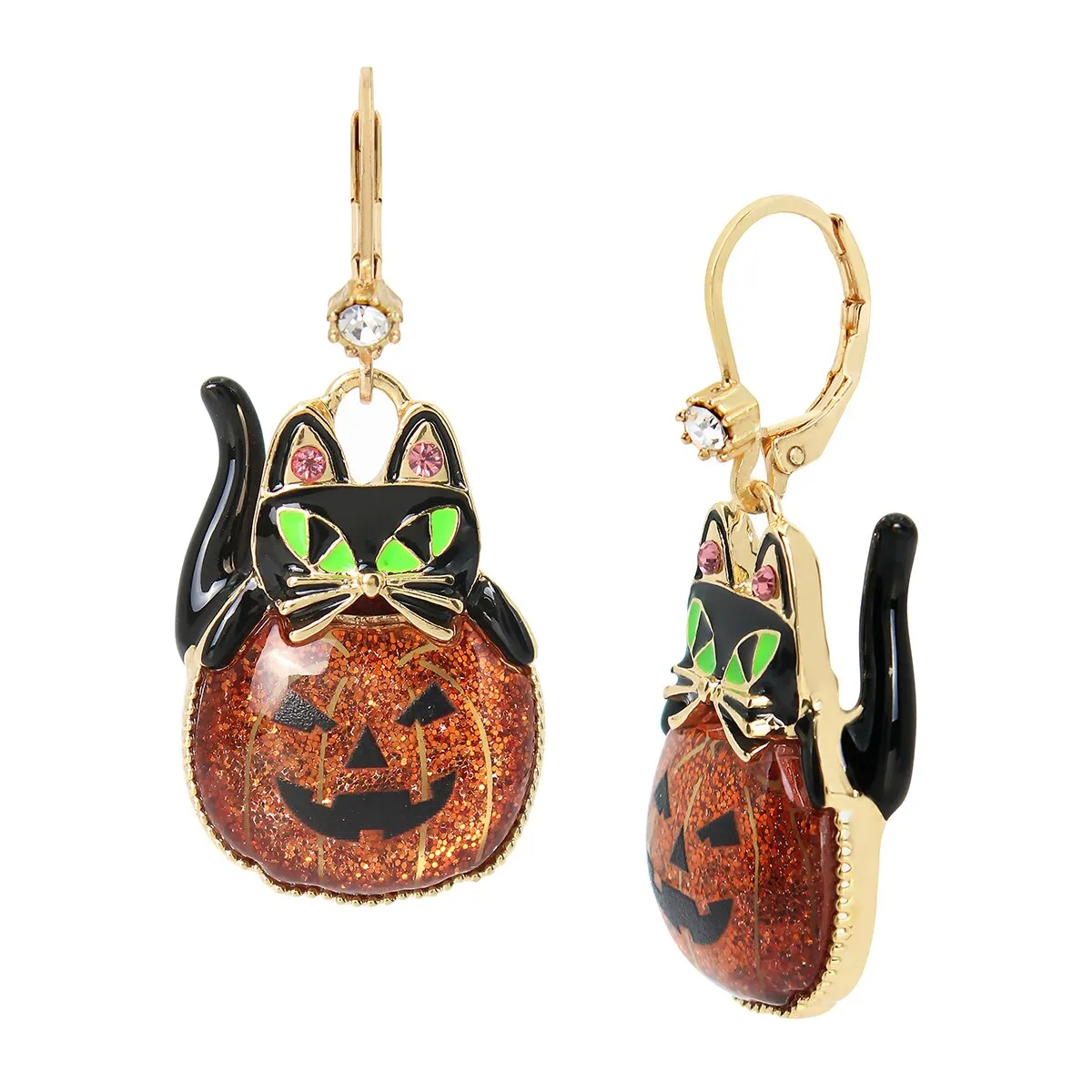 Betsey Johnson Black Cat Over Orange Pumpkin Drop Earrings