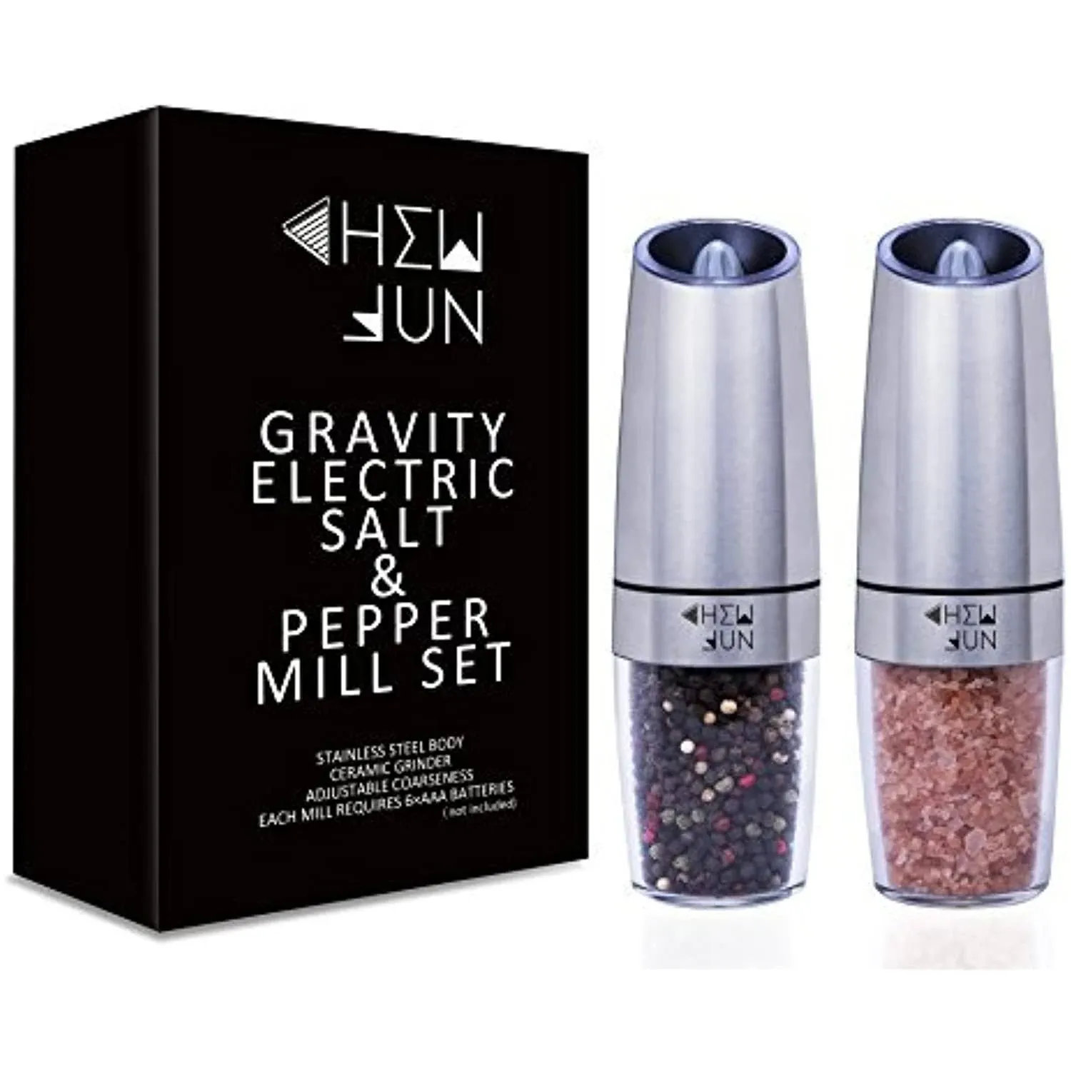 Gravity Salt and Pepper Mill Set with Adjustable Coarseness Automatic Pepper and Salt Grinder Battery Powered with Blue LED Light,One Hand Operated,Brushed Stainless Steel by CHEW FUNGravity Salt and Pepper Mill Set with Adjustable Coarsen…