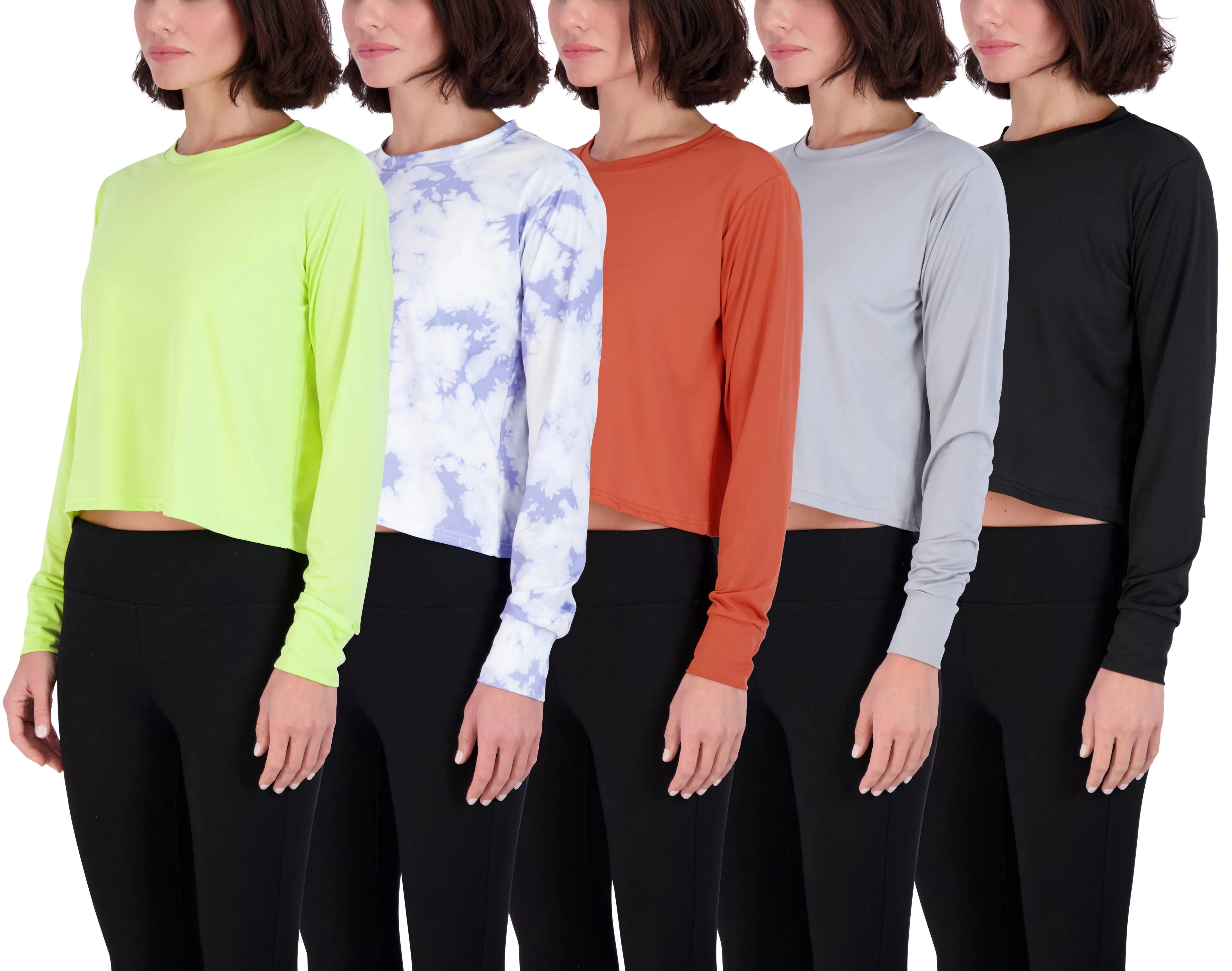 Real Essentials 5 Pack: Women's Dry Fit Crop Top - Long Sleeve Crew Neck Stretch Athletic Tee (Available in Plus Size)