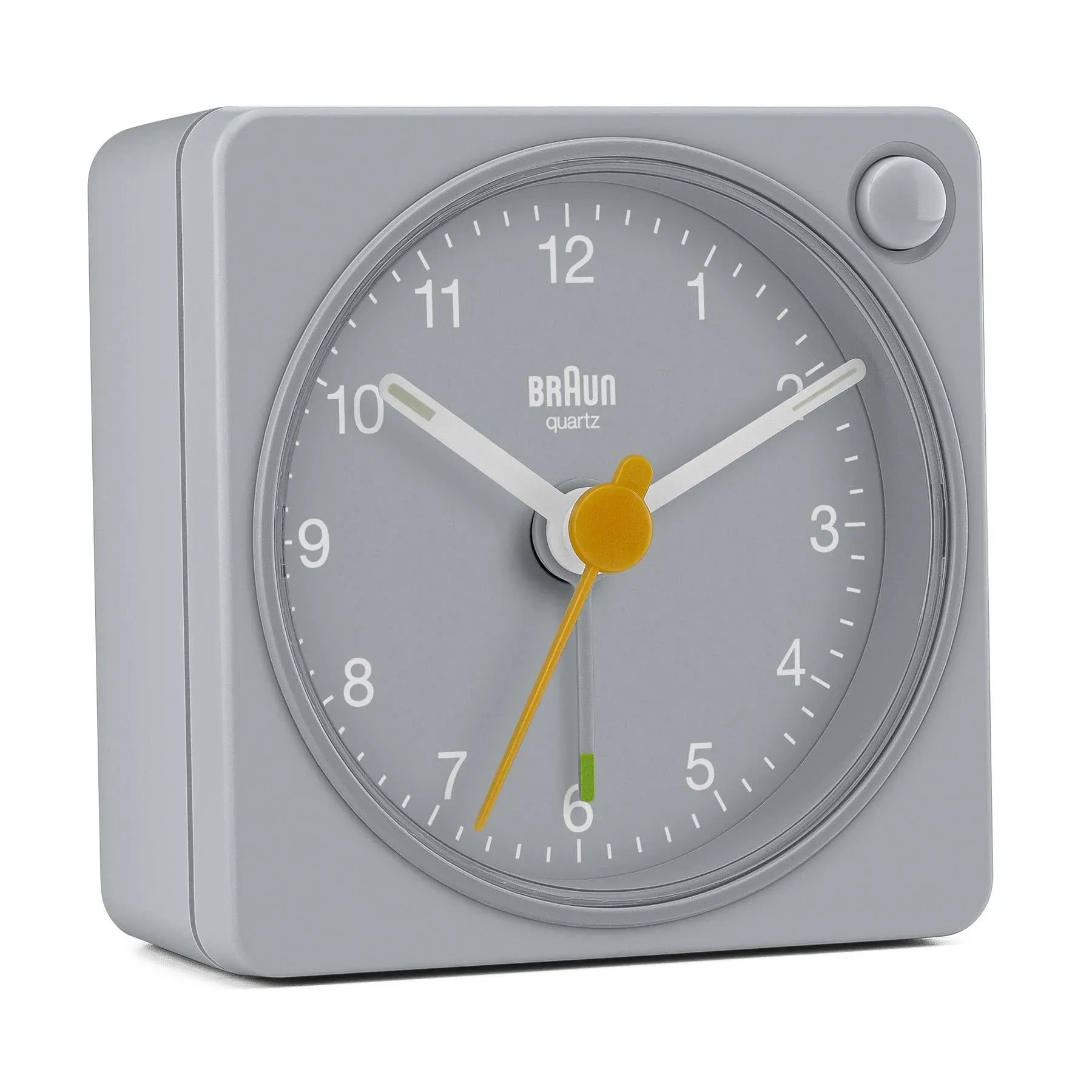 Braun Classic Travel Analogue Alarm Clock with Snooze and Light, Compact Size, Quiet Quartz Movement, Crescendo Beep Alarm in Grey, Model BC02XG