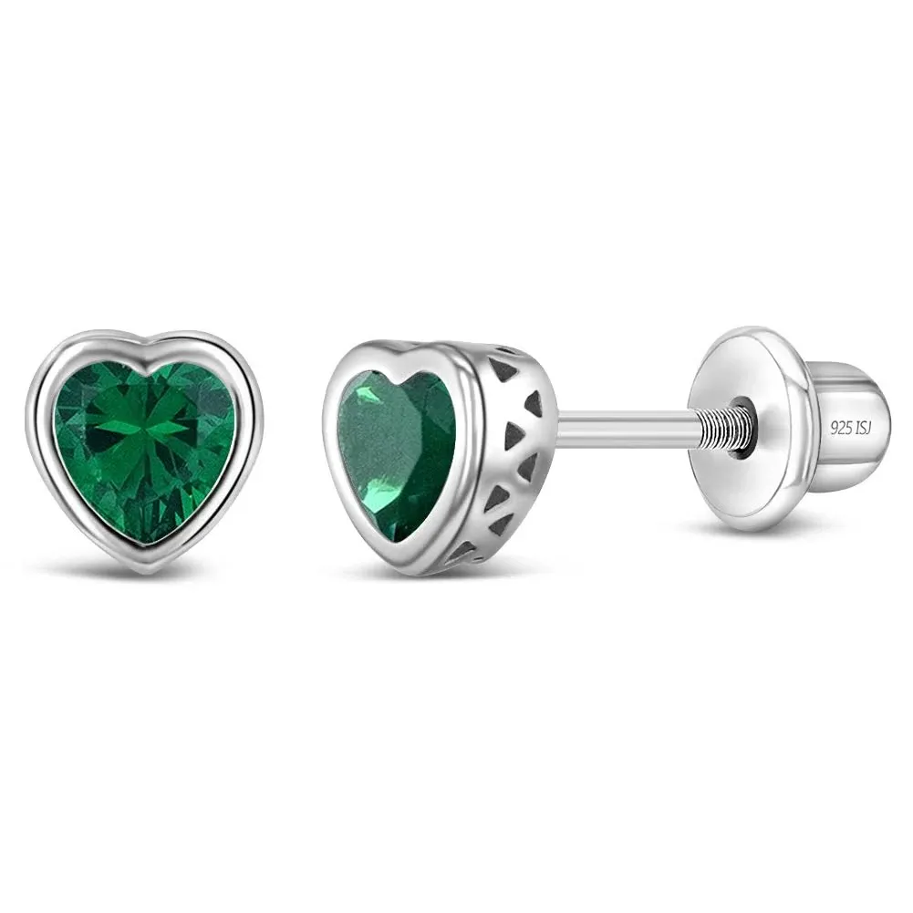 Children's Sterling Silver CZ Birthstone Heart Stud Earrings - May