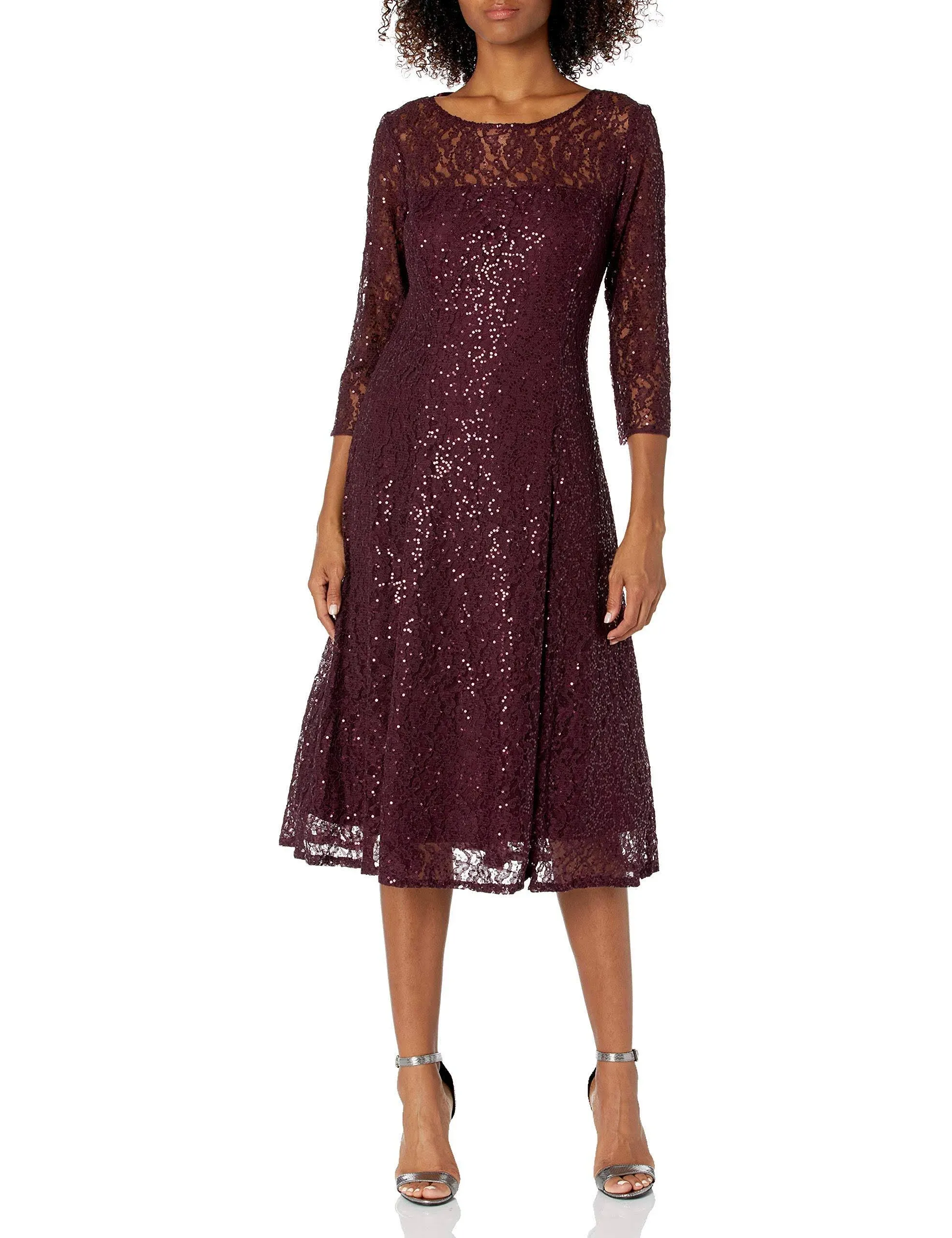 Ignite EveningsSequin Lace Round Neck 3/4 Sleeve Midi Dress