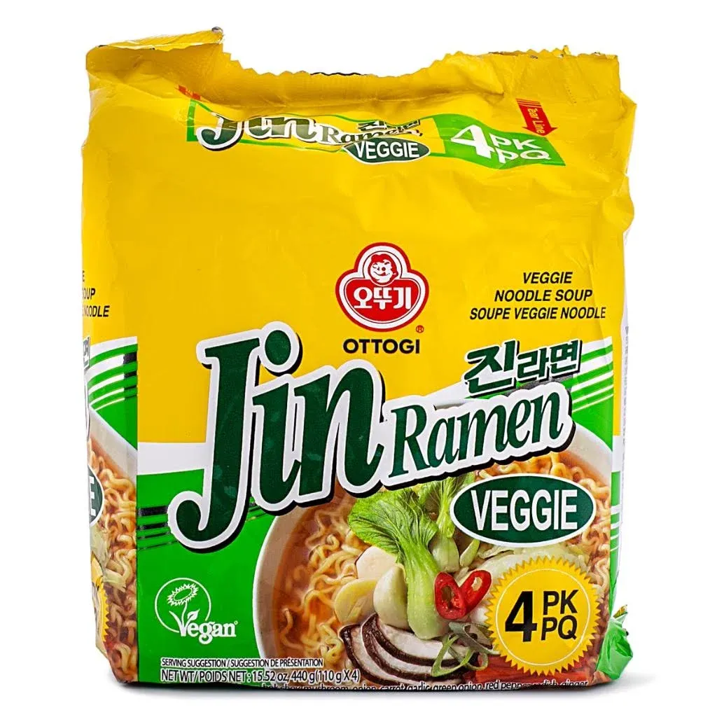 OTTOGI Jin Ramen Veggie, Vegetable Ramen Soup, Korean Style Instant Vegan Noodle, Vegeterian Ramen 3.88oz x 4 Pack