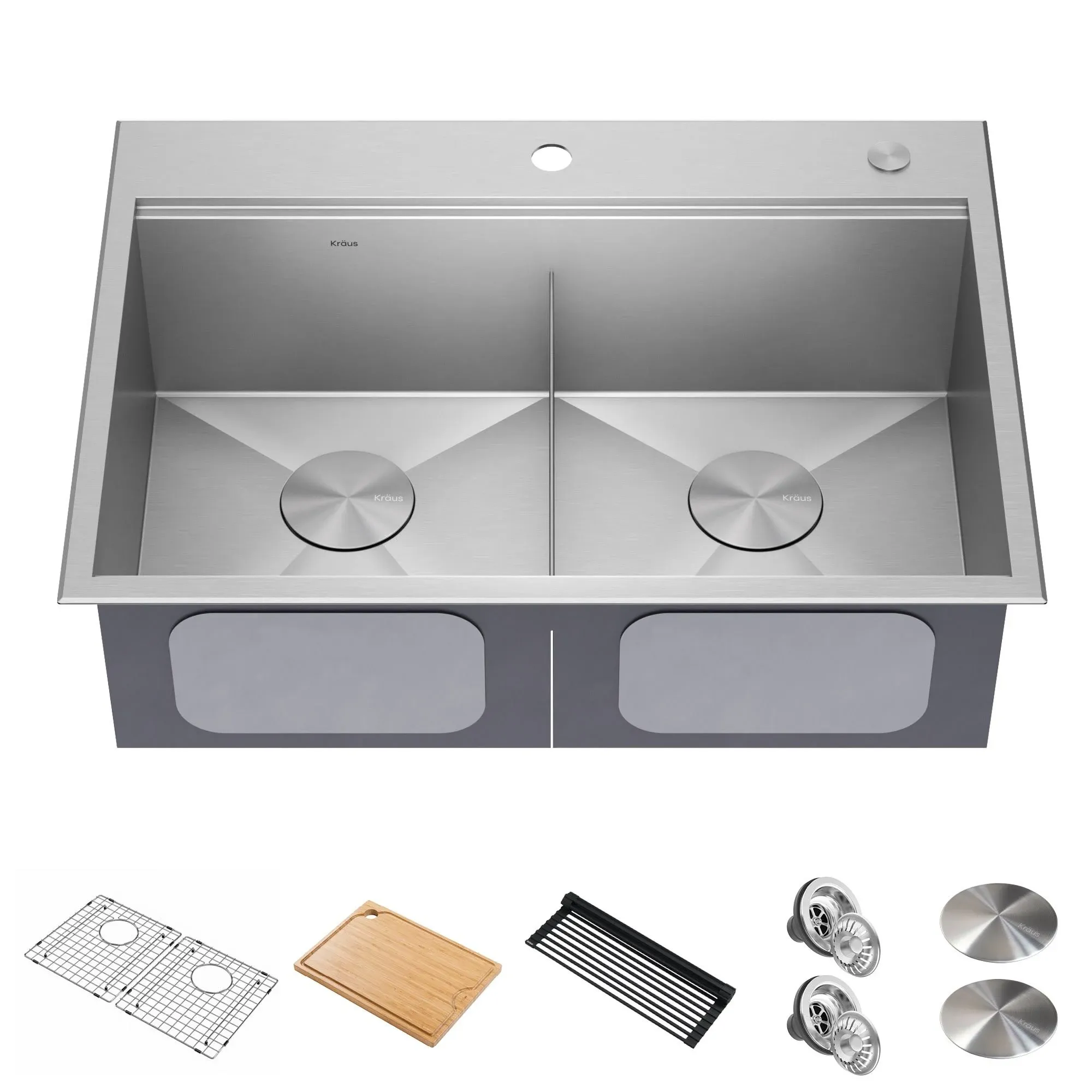 Kraus Dual-mount 30-in x 22-in Stainless Steel Double Equal Bowl 1-Hole Workstation Kitchen Sink