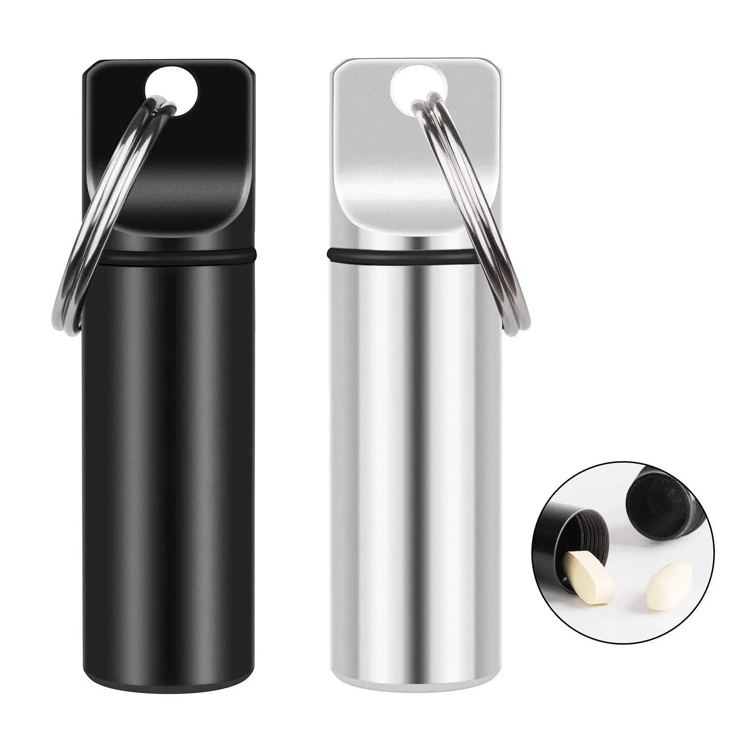 2 Pack Small Pocket Pill Box Keychain, Portable Mini Aluminium Alloy Pill Organizer Case Container for Purse, Waterproof Metal Pill Holder Medicine Bottle for Outdoor Camping Travel (Black & White)1