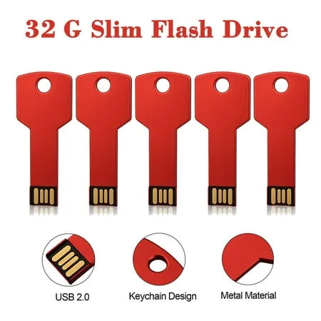 5Pack 32GB USB 2.0 Flash Drive for Key TOPESEL Metal Key Shape Slim Thumb Drive Memory Stick Pen Drive Red