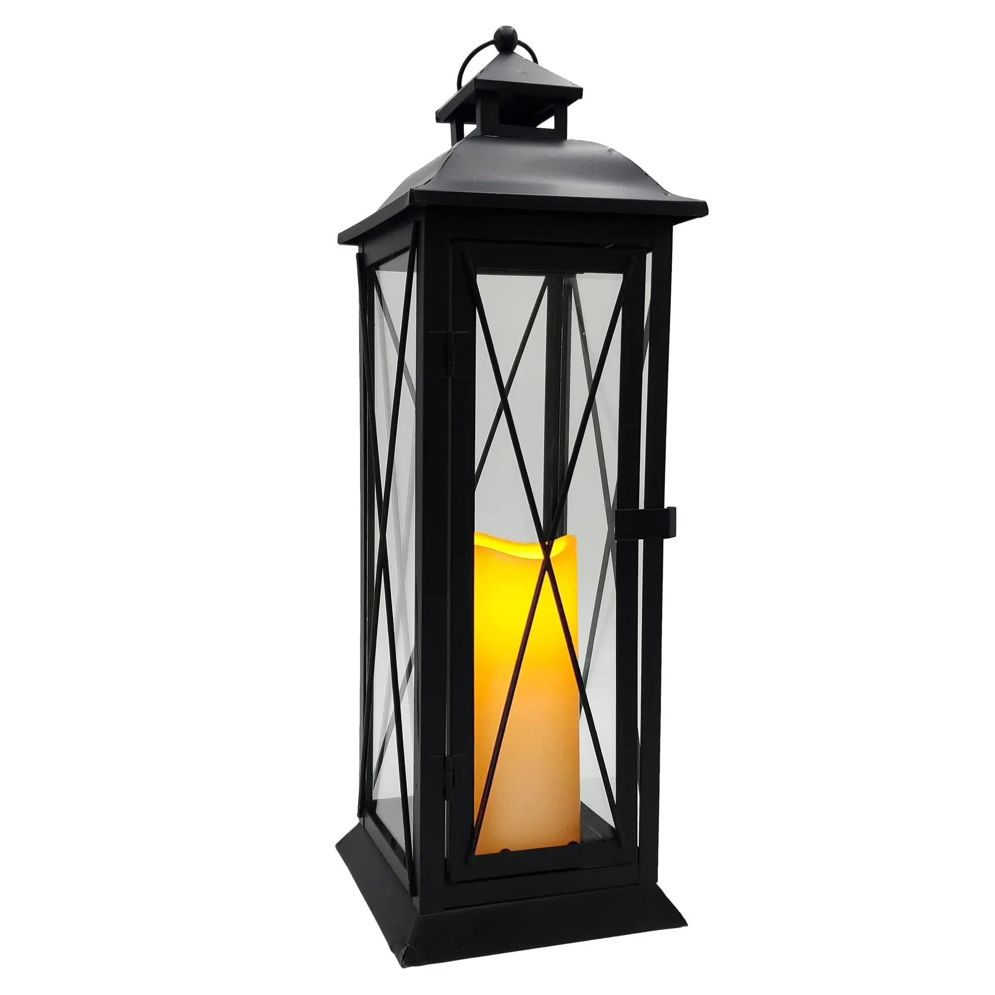 LumaBase Battery Operated Metal Lantern with LED Candle - Crisscross