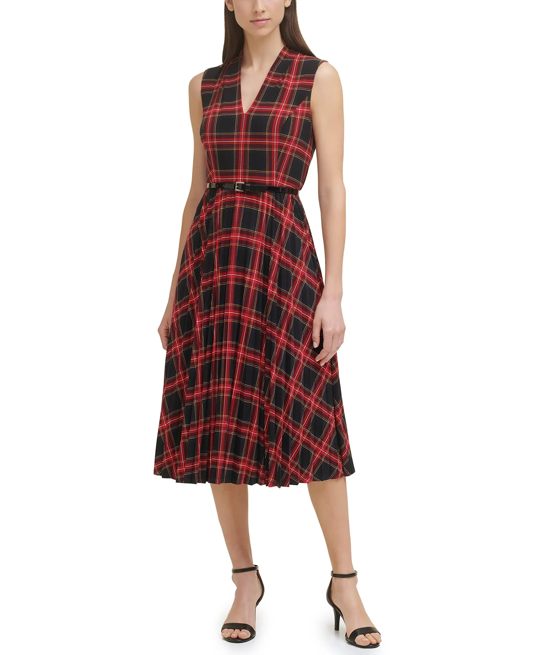 Womens Plaid Midi Fit & Flare Dress