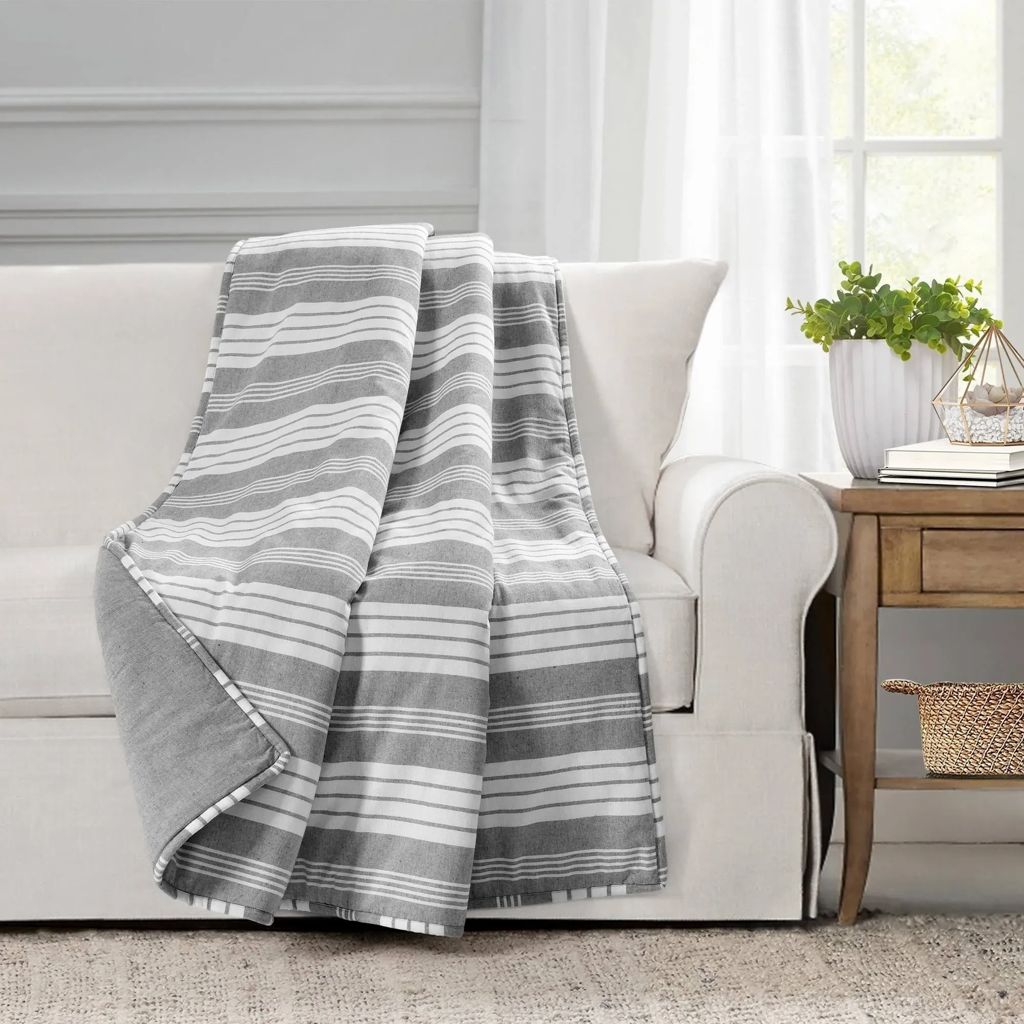 Lush Decor Farmhouse Yarn Dyed Stripe Throw Blanket, Gray/White Single 50x60