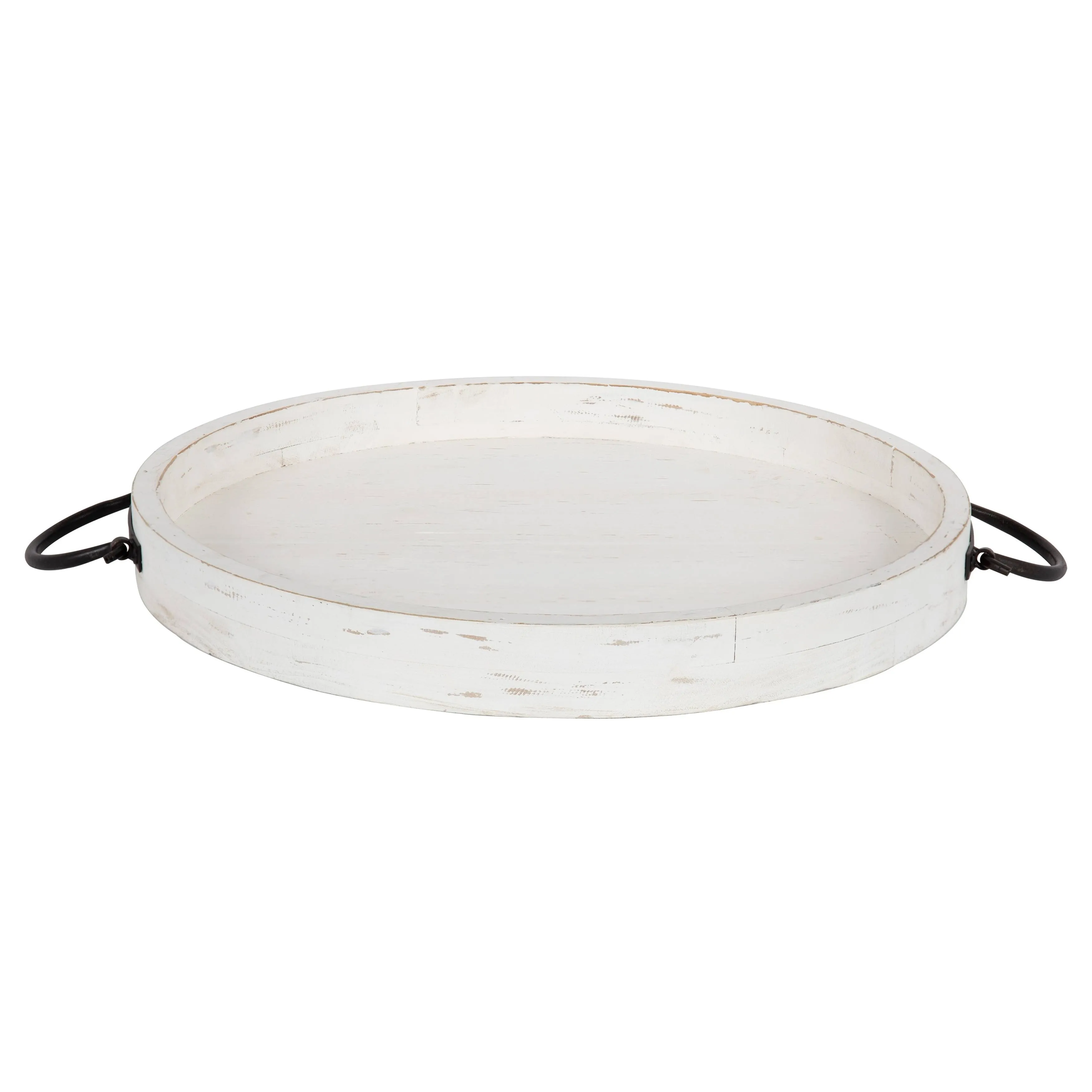 Coastal Decorative Tray Round With Metal Handle In White Solid Wood