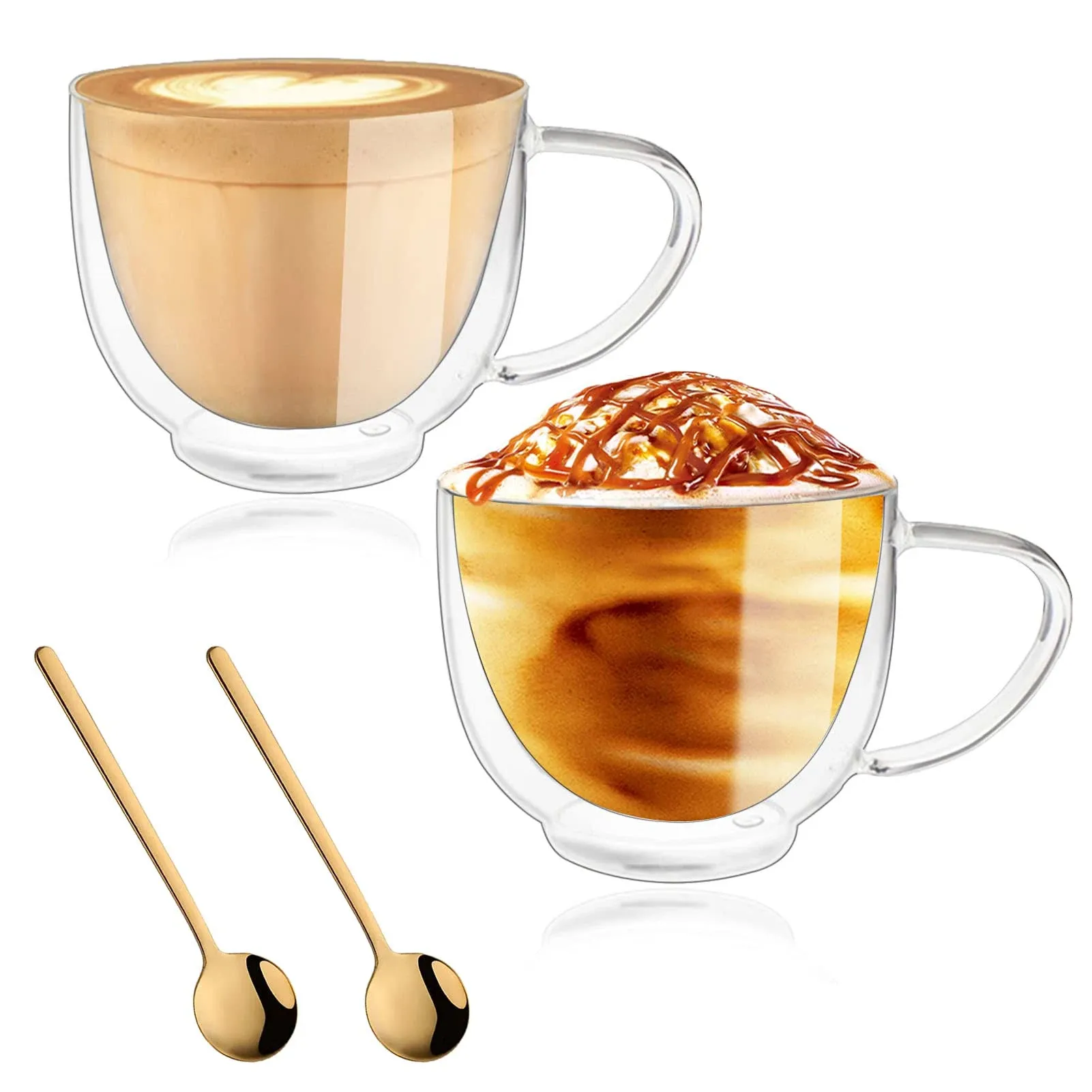 Double Walled Glass Coffee Mugs, Espresso Cups, Drinking Glasses for Coffee&Tea, Insulated Glass Mugs with Large Handle, Clear Mugs Each 200ml, Set of 2, Perfect for Espresso, Latte, Cappuccinos