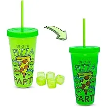 Teenage Mutant Ninja Turtles "Pizza Party" Color-Changing Plastic Travel Tumbler | Includes Reusable Straw, Leak-Resistant Lid, Fake Ice Cubes | Holds 24 Ounces