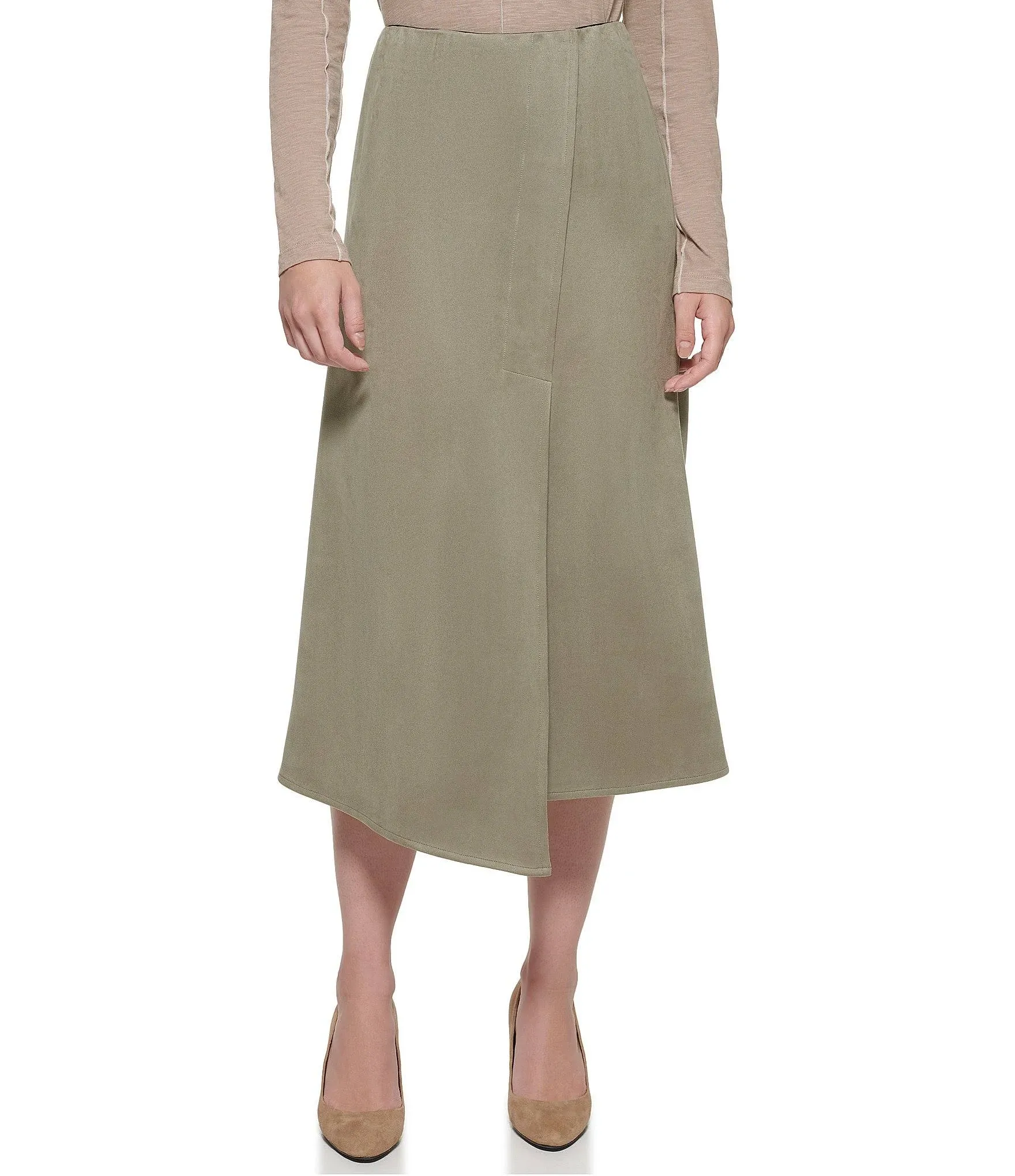 DKNY Faux Suede Asymmetrical Midi Skirt NWT Size L