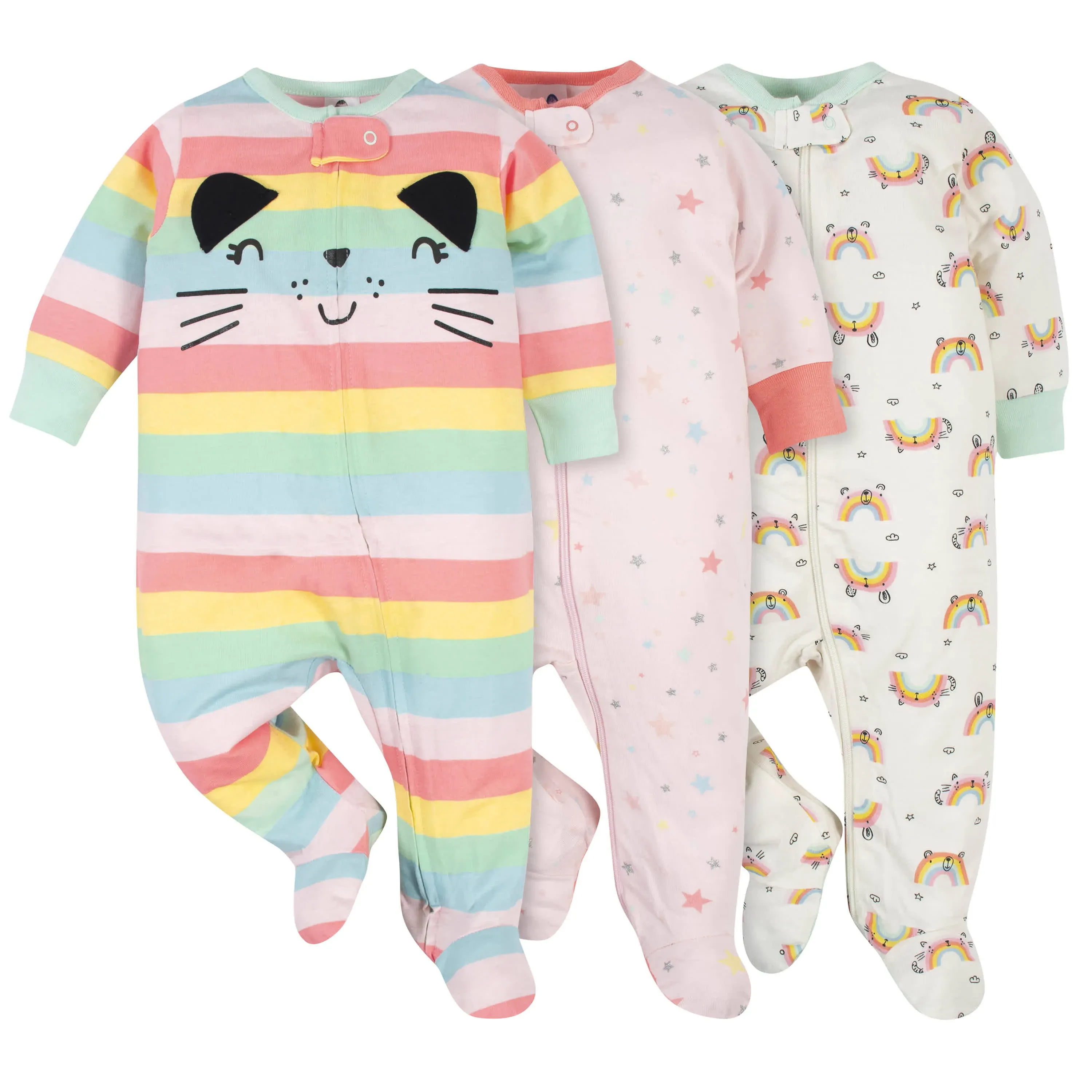 NWT GERBER beautiful Baby Girl Rainbow Kitty Stars 3 Pack Sleep n Plays☆6-9mo☆