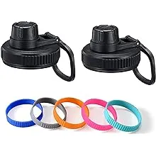 Vmini Spout Lid, Compatible with Hydro Flask Wide Mouth Sports Water Bottle, 5 Different Color Rubber Rings, Big Handle, Easy to Carry, Compatible with Most Wide mouth bottle - Black - 2 PACK