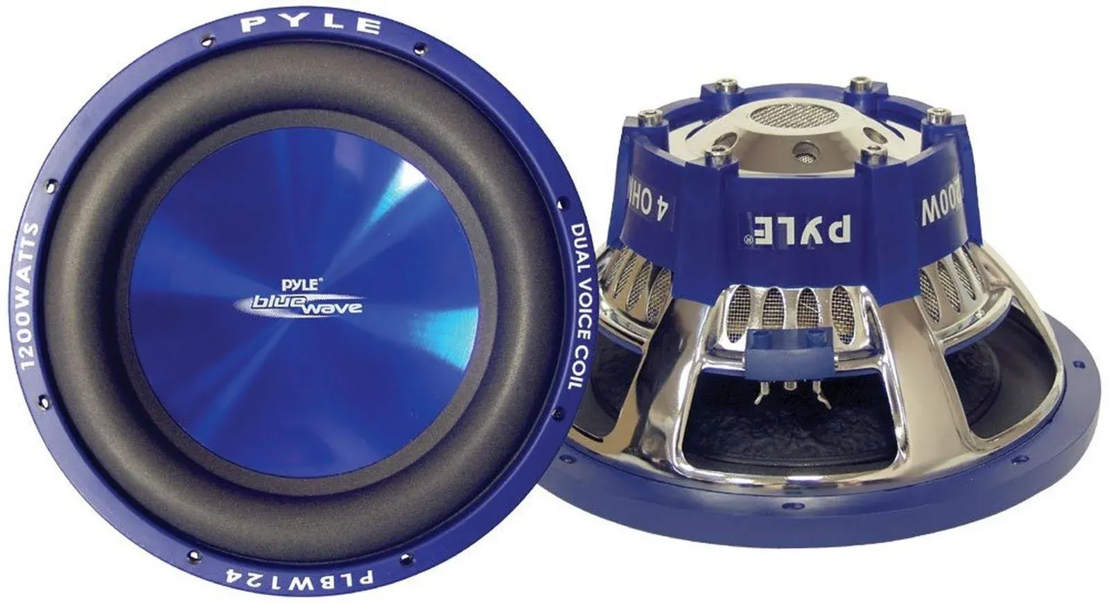 Pyle altavoz subwoofer para coche, cono azul moldeado 12 pulgadas, bobina de 4 ohmios, potencia de 1200W para el sistema de sonido estéreo del auto.