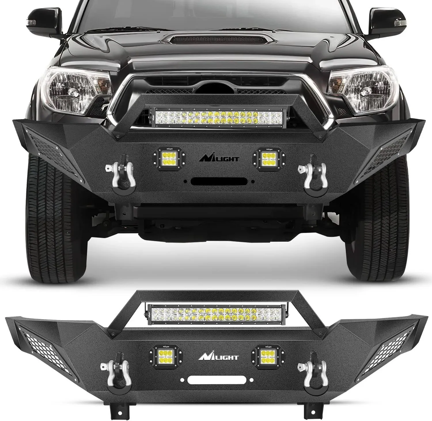 Nilight 2005-2015 Toyota Tacoma Front Bumper Full Width Solid Steel Winch Plate Offroad 120W Light Bar 18w Pods